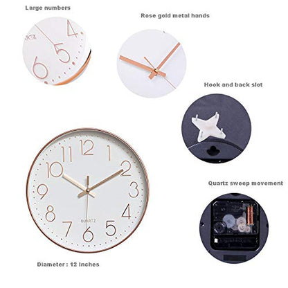 12 Inch Battery Operated Silent Non-Ticking Wall Clock, Quality Quartz Sweep Rose Gold Wall Clock for Home Bedroom School - color: Rosegold, size: 12 Inch