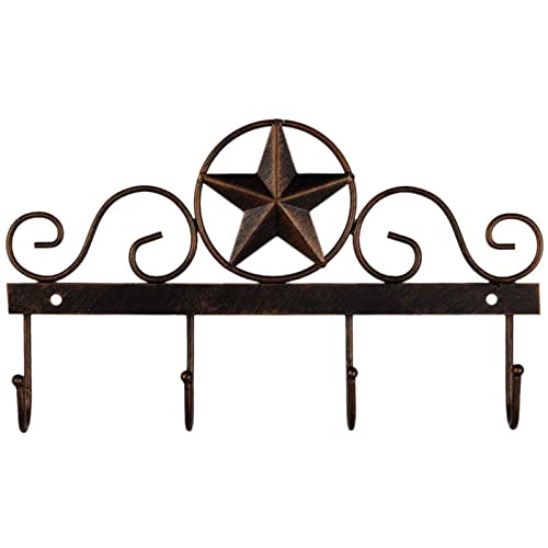 Metal Barn Star Key Rack Holder Wall Mounted Metal Decorative 10" Vintage Key with 4 Hooks Dark Brown Western Home Wall Decor
