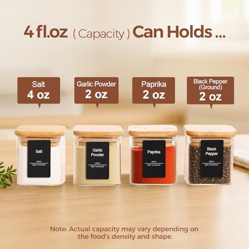 ComSaf Glass Spice Jars with Labels 4 oz 6 Pack Small Square Bamboo Lids | Empty Containers, Seasoning Herbs Powders, Salt Pepper Chili, Kitchen Cabinet Storage Starter Set, Dry Goods
