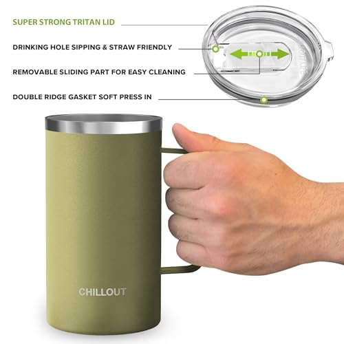 CHILLOUT LIFE Stainless Steel Vacuum Insulated Coffee Mug 20 oz (Set of 2) with Handle and Lid, Large Thermal Camping Coffee Mugs with Sliding Lid for Men & Women, Keeps Your Beverages Hot & Cold - color: Army Green, size: 20 Ounces - 2 Pack
