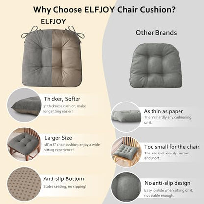 ELFJOY Dining Chair Cushions Set of 2 Non Slip 18"X18"X3" Light Grey | Thick,Textured Fabric, with Ties, Tufted, Large, for Kitchen, Dining Room, Indoor, Bedroom, Living Room, Office, Comfortable - color: Light Grey