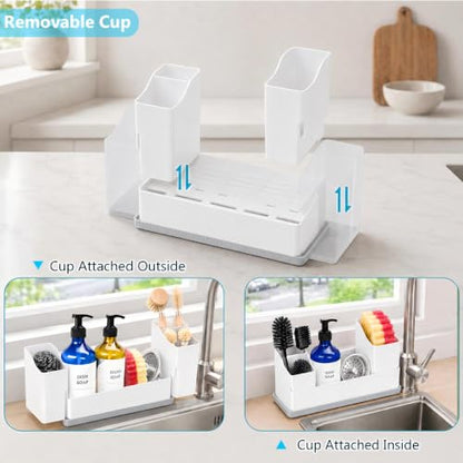 Sponge Holder for Kitchen Sink with Drying Stone, White | Kitchen Caddy Sink Organizer, 2 Removable Cups, Premium ABS, Anti-Slip, 12.7" Sponge and Soap Holder for Kitchen Counter - color: White