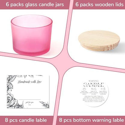 6 Pack Glass Candle Jars with Lids (16oz, Frosted Pink) - Large Candle Jars for 3 Wick Candles Making - Empty Candle Jars Containers - Candle Making Accessories Include 16Pcs Candle Labels - color: Frosted Pink