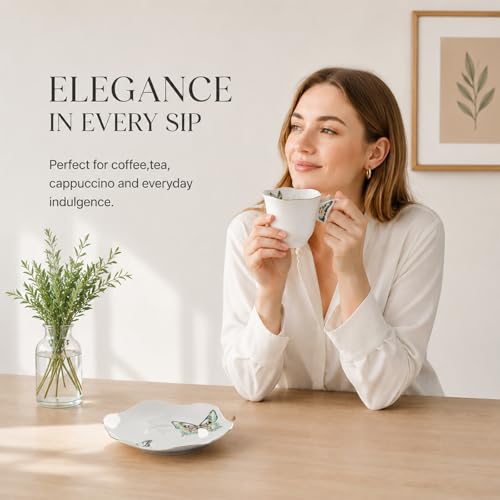 Solidith 8 Oz Espresso Cups With Saucers Set Of 6,Butterfly Ceramic Cups | Microwave and Dishwasher Safe,Perfect For Tea, Espresso, Cappuccino,Latte, Cafe