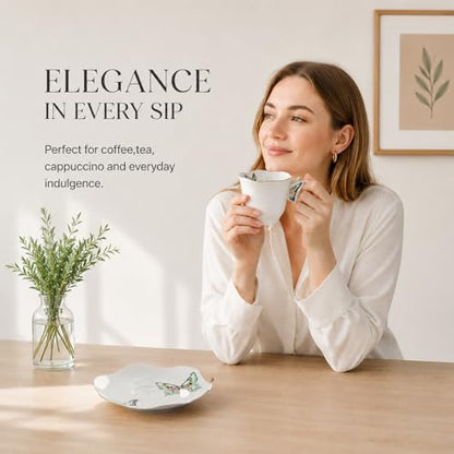 Solidith 8 Oz Espresso Cups With Saucers Set Of 6,Butterfly Ceramic Cups | Microwave and Dishwasher Safe,Perfect For Tea, Espresso, Cappuccino,Latte, Cafe