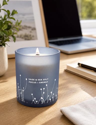 Sage & Sea Salt Wood Wick Soy Scented Aromatherapy Candle for Home, Office | Sage Candles for Cleansing House, Focus & Relaxation | Home Spa, Clean Burn, 10.6 oz, Decorative Blue Jar Candle, Women & Men