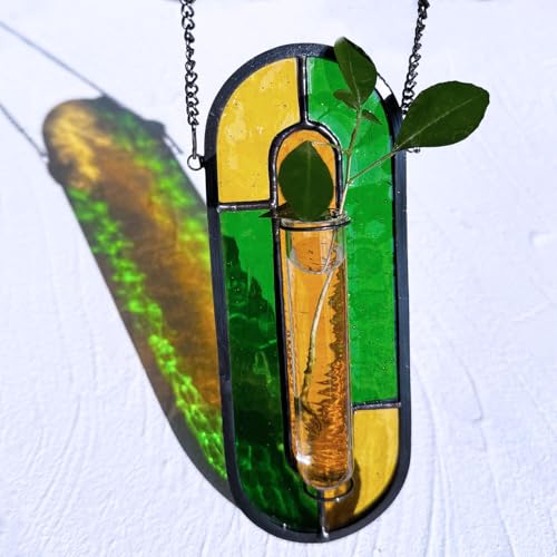 LITMIND Multi-Color Stained Glass Propagation Station - Handcrafted Translucent Suncatcher Planter with 2 Tubes, Hanging Hydroponic Décor for Windows & Garden - color: Style A03 (Citrus Grove)
