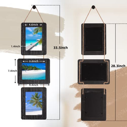 5x7 Collage Picture Frame, 3 Opening, Rustic Wood, Weathered Black | Wall-Mounted Hanging Design, Displays 4x6 Photos with Mat or 5x7 Photos Without Mat, Three-Opening Layout - color: Weathered Black, size: 3 Opening