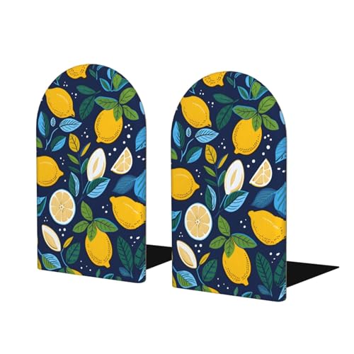 Blue Lemon Leaves Wooden Bookends for Shelves Decorative Book Ends Universal Book Organizer Holder for Office, Heavy Books, Vinyl Records - color: Blue Lemon Leaves