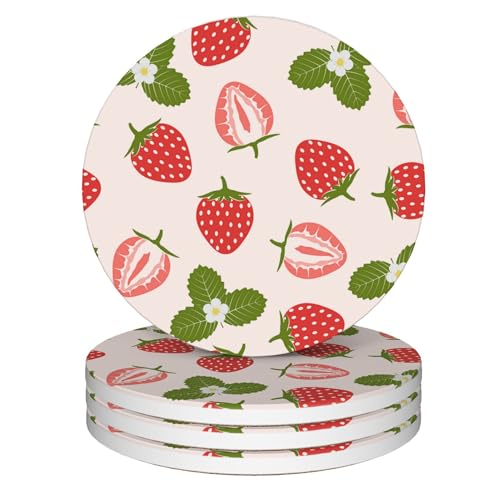 Coasters for Drinks,Strawberry Fruit Strawberries Pink Absorbent Coaster Set of 4 with Cork Base,Ceramic Drink Coasters for Cold Drinks Wine Glasses Cups Mugs,Housewarming Gifts for Home Decor - color: Strawberry Fruit