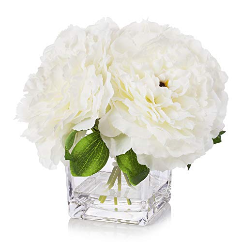 Silk Peony Flowers Arrangements in Cube Glass Vase with Faux Water for Home Table Wedding Centerpiece Decoration (Cream) - color: Cream