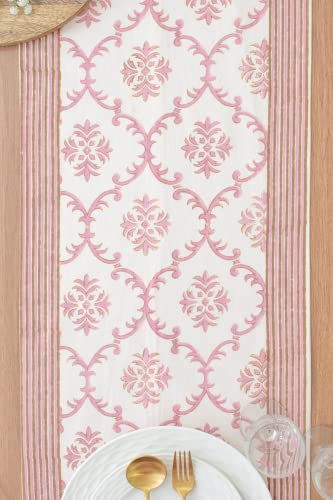Lotus & Ivory Pink Coffee Table Runners (100% Cotton, Damask Hand Block Print, 14x48 inch, Pack of 1) Fabric Lined | Properly Finished | for Home, Kitchen, Dining Room, Holiday, Wedding Party Décor