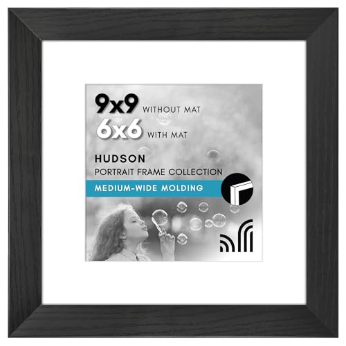 Americanflat 9x9 Picture Frame - Matted to 6x6 - Engineered Wood - Black | Shatter-resistant glass, wall or tabletop display with included easel, sawtooth hangers included, use with or without mat - color: Black, size: 9x9