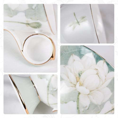 KAMMAK Tea Cups Set of 2,Ceramic Floral Pattern Demitasse Cup | Porcelain Espresso Cup with Saucer, 8.12 oz Handmade Elegant Bone China Tea Cups for Latte, Americano, Cappuccino - color: Sweet Dream & Lotus Melody