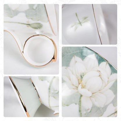 KAMMAK Tea Cups Set of 2,Ceramic Floral Pattern Demitasse Cup | Porcelain Espresso Cup with Saucer, 8.12 oz Handmade Elegant Bone China Tea Cups for Latte, Americano, Cappuccino - color: Sweet Dream & Lotus Melody