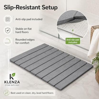Stone Bath Mat, Quick Dry Foldable Diatomaceous Earth, 24 x 16, Grey | 23.6 x 15.3 in grey stone bath mat with foldable design, anti-slip pad and included sandpaper.