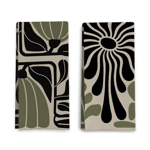 Sage Green Groovy 70s Retro Kitchen Towels Set of 2 - Boho Floral Dish Towels for Kitchen, Boho Hand Towels for Bathroom, Boho Sage Green Bathroom Kitchen Decor, 16x24 Inches - color: Boho Sage Green