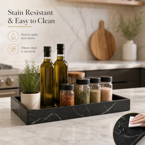 Real Natural Marble & Travertine Vanity Tray, Genuine Marble Serving Tray - color: Black Marble