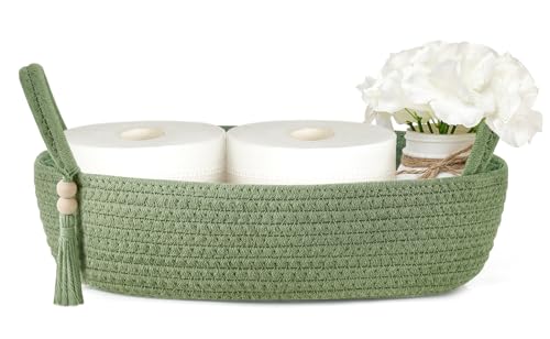Mkono Toilet Paper Basket, Boho Bathroom Decor, Small Storage Organizer | Green, 13"L x 6"W, Back of Toilet Basket, Decorative Woven Tray with Handles, Space-Saving, Living Room Bedroom, 1 Pack - color: Green, size: Small