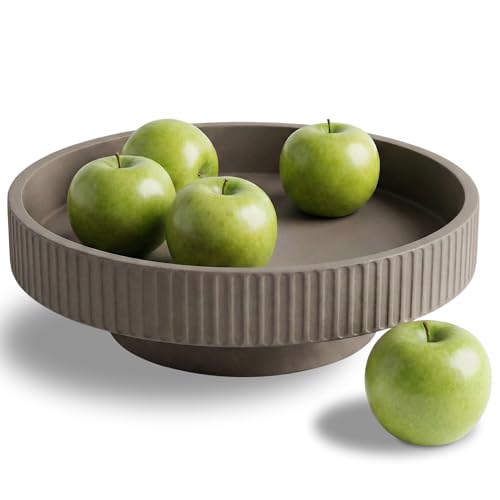JUPTR Concrete Fruit Bowl (12") – Shallow Fluted Pedestal Decorative Centerpiece Bowl for Table, Entryway Catch-All & Modern Home Decor – Heavyweight Stone Bowl (Charcoal) - color: Charcoal