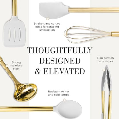 Styled Settings White and Gold Kitchen Utensils, 7-Piece | Nonstick Silicone Cooking Utensils Set with Gold Utensil Holder, White and Gold Kitchen Accessories for Modern Kitchens - color: White and Gold
