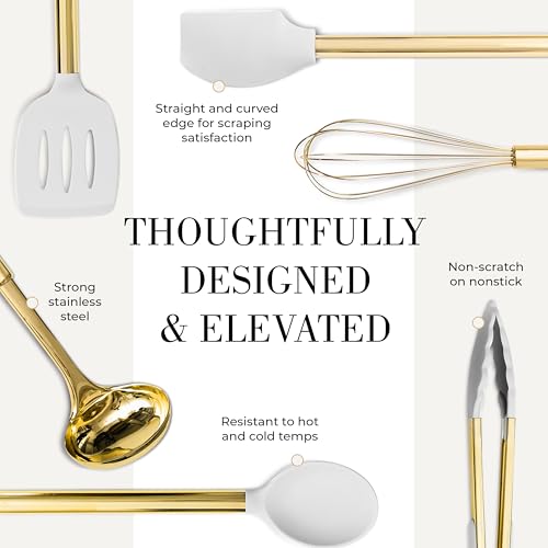 Styled Settings White and Gold Kitchen Utensils, 7-Piece | Nonstick Silicone Cooking Utensils Set with Gold Utensil Holder, White and Gold Kitchen Accessories for Modern Kitchens - color: White and Gold