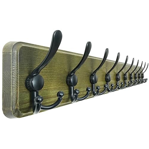 Coat Rack Wall - Heavy-Duty 38-1/4" Long, with Reinforced 10 Custom Tri-Hooks, Solid Wood Wall Hanger for Coats Hat Jackets - Rustic Farmhouse Entryway Hallway Storage, Weathered Green & Black - color: Weathered Green & Black, size: L=38.3"