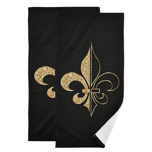 Golden Glittering Fleur Lis Hand Towels Set of 2 Luxury Print Decorative Bathroom Towels Super Soft Highly Absorbent Multipurpose Towels for Yoga Gym Spa Hotel Bathroom Kitchen 28x14 Inch - color: Fleur Lis
