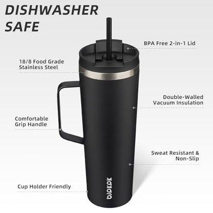 BJPKPK 30oz Insulated Tumbler with Handle, Lid & Straw, Stainless Steel | Double Wall Vacuum Insulated Coffee Travel Mug - Keeps Cold & Hot, BPA Free, Cupholder Fit for Office, Gym & Travel - color: Black, size: 30 Ounces