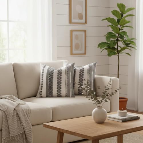 Grey Throw Pillow Covers 18x18 Set of 2 Boho Stripe Pillow Covers Tufted Decorative Pillow Case Accent Pillowcase Farmhouse Cushion Case Nuetral Textured Pillow Cover Spring Home Decor | Durable Fabric,Stripe Pillow Covers,Farmhouse Cushion Case,Chenille
