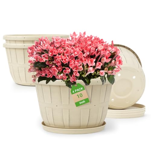 Quarut 4 Pack 10 inch Flower Pots,Plastic Plants Pots Outdoor | Planters with Drainage Holes & Saucers,Imitation Wine Barrel Design,for Indoor Outdoor Garden Pots(Beige) - color: Beige, size: 10 inch-4 pack
