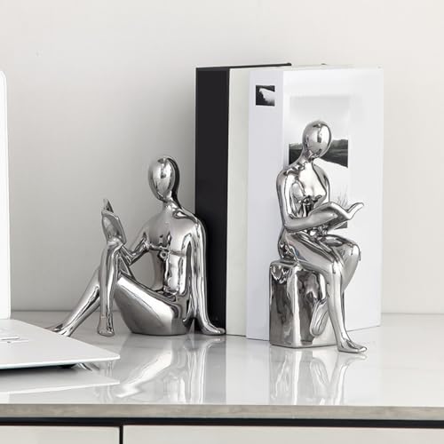 1pair Abstract Reader Statue Bookends Modern Ceramic Home Decor for Bookshelf Office Elegant Reading Figurines for Living Study Artistic Desktop Decoration