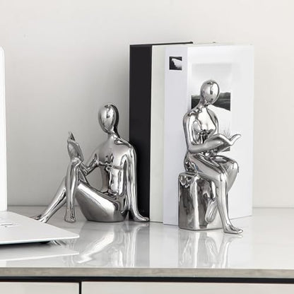 1pair Abstract Reader Statue Bookends Modern Ceramic Home Decor for Bookshelf Office Elegant Reading Figurines for Living Study Artistic Desktop Decoration