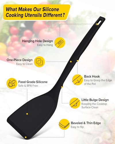 Pack of 4 Silicone Cooking Utensils Set, Non Stick Solid Spatulas and Heat Resistant Slotted Spoons with Back Hooks, Ideal BPA Free Kitchen Utensils Set for Frying,Serving,Turning,Stirring (BLACK) - color: Black