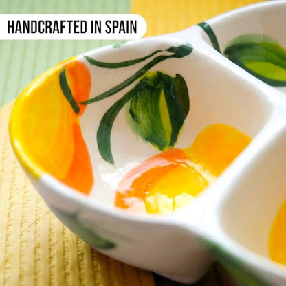 3-Compartment Ceramic Serving Dish, Handmade in Spain | 7.5” divided chip and dip bowl with lead-free glaze, microwave, oven and dishwasher safe, ideal for tapas, snacks and sauces - color: Sunny Lemon