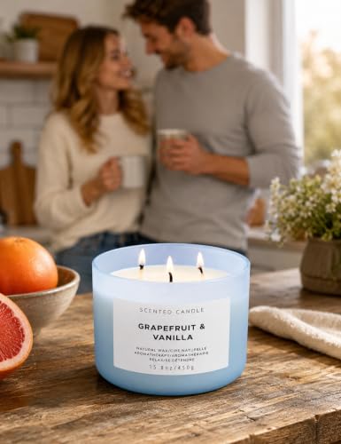 Grapefruit Vanilla 3-Wick Soy Candle, 15.8 Oz Large Scented Candle for Home | Bright Creamy Citrus With Bergamot & Berries, Aromatherapy, Room-Filling Scent, Clean Burn, 15.8 Oz, Blue Jar, Gift Ready