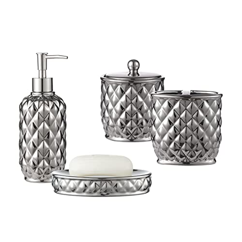 Bathroom Accessories Set, 4-Piece Ceramic Bath Accessory Complete Set with Lotion Dispenser/Soap Pump, Cotton Jar, Soap Dish and Toothbrush Holder (Pineapple Pattern, Silver Grey)