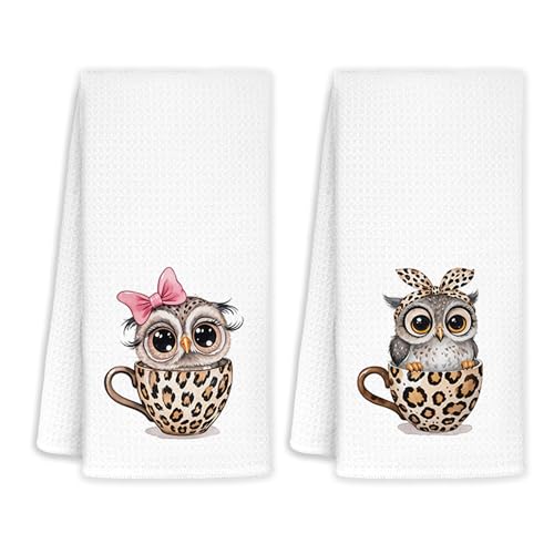 JINYO Cute Leopard Print Owl Kitchen Towels Set of 2, Coquette Bow Owls Hand Towels for Bathroom Kitchen Decor, Owl Gifts for Women Decorative Dish Tea Towels, 16x24 Inch - color: Leopard Print Owl Towels
