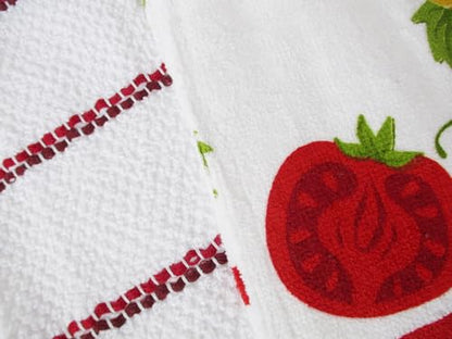 100% Cotton Kitchen Towel Set 2 Pack (Tomatoes and Red Stripe) - color: Tomatoes and Red Stripe