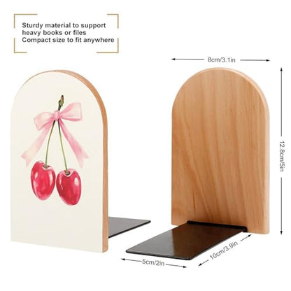 Two Red Cherries Tied with A Pink Ribbon Wooden Bookends Shelves 2 PCS Coquette Sturdy Book Holders Desktop Organizer for Home Office Libraries - color: Color-4