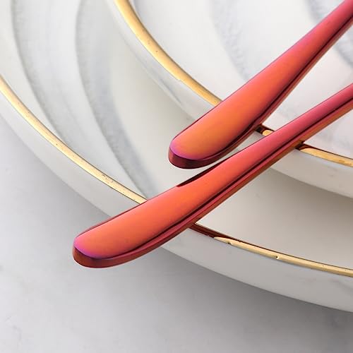 Round Stainless Steel Bouillon Spoons Soup Spoons, Stainless Steel Large Round Spoons, Heavy-Weight Round Deep Bowl Spoon Set, Dinner Metal Spoons for Soup Grain Dessert Milk - size: 4 pcs Red Orange