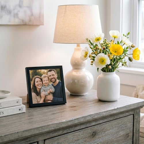 Americanflat 4x4 Picture Frame - Slim Molding - Black | Shatter-resistant glass, wall or tabletop display with included easel, triangle hangers included, secure turn-tab backing - color: Black, size: 4x4