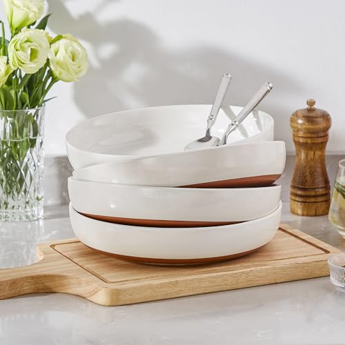 MALACASA 48 Oz Pasta Bowls Set of 4, Ceramic Soup Bowls, TARA Khaki White | Microwave and Dishwasher Safe, Chip-Resistant, For Salad, Soup, Fruit, and Dessert, 9 Inch Wide, Stackable, Modern Design - color: Khaki White