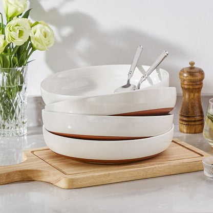 MALACASA 48 Oz Pasta Bowls Set of 4, Ceramic Soup Bowls, TARA Khaki White | Microwave and Dishwasher Safe, Chip-Resistant, For Salad, Soup, Fruit, and Dessert, 9 Inch Wide, Stackable, Modern Design - color: Khaki White