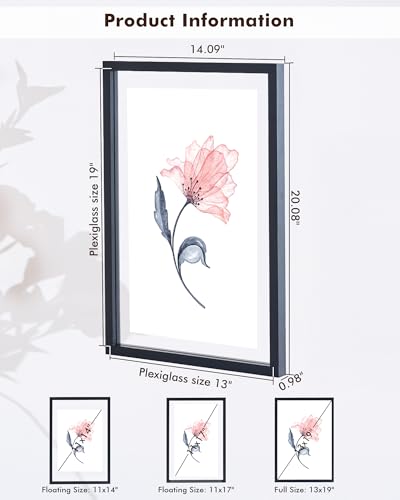 DLQuarts 13x19 Floating Picture Frame for 11x17/11x14 Photos, 2-Pack Solid Wood Double Plexiglass Wall Art Frames, Any Size Photo up to 13x19 Display, Black - color: Charcoal Black, size: 13x19