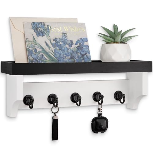 Key and Mail Holder Wall Mount, Key Holder with Shelf and Mail Organizer Wall Mount. Mail Holder with 5 Hooks for Coat, Dog Leash, Home Decor Rack, Entry Way Organizer (Black & White) - color: Black & White