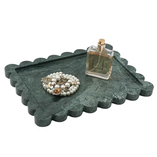 Natural Marble Scalloped Tray 10.8" x 8", Marble Vanity Tray for Jewelry Trinket Cosmetics Perfume Candle, Luxury Decorative Trays for Bathroom Kitchen Dresser Countertop, Green - color: Medium Green, size: 10.8" x 8" x 0.7"