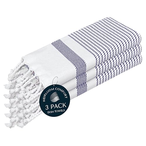 Indigo Blue Turkish Kitchen Towels 16x26 Inch, 3 Pack, 100% Cotton, Soft, Absorbent, Fast Dry, Machine Washable, Dish Towel with Tassels for Drying Dishes, Cleaning, Everyday Use - color: Indigo Blue, style: 3 Pack