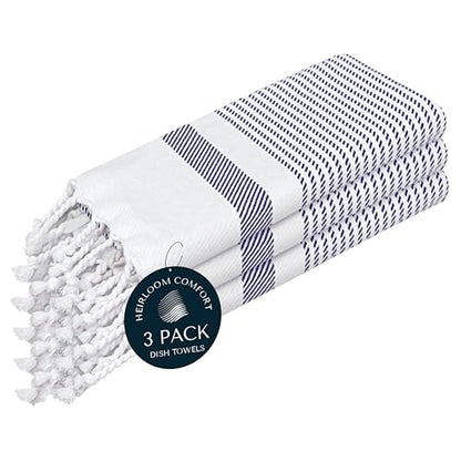 Indigo Blue Turkish Kitchen Towels 16x26 Inch, 3 Pack, 100% Cotton, Soft, Absorbent, Fast Dry, Machine Washable, Dish Towel with Tassels for Drying Dishes, Cleaning, Everyday Use - color: Indigo Blue, style: 3 Pack