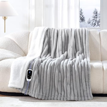 Sealy Electric Blanket Throw 50×60, Faux Fur to Sherpa, Grey | Heated Blanket Throw with 6 Heating Levels, 2-10 Hours Auto Off, Overheat Protection, Machine Washable, ETC Certified - color: Light Grey, size: Throw Size 50" x 60"